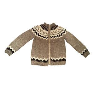 Handmade Icelandic Vintage Tan Large Nordic Wool Zip Cardigan Sweater Knit Ski
